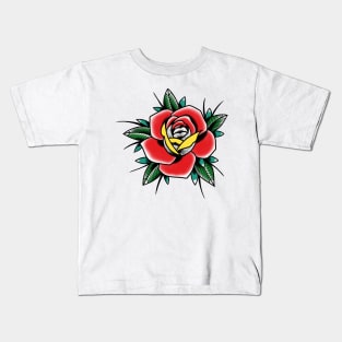 Traditional Rose with colours Tattoo style design Kids T-Shirt